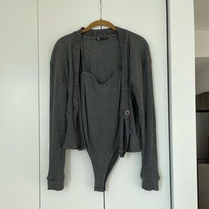 Zara Heathered Gray Ribbed Bodysuit & Cardigan Set size S